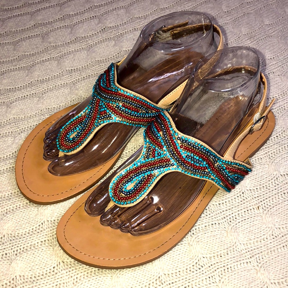 BCBG thong Sandals, beaded and rhinestone detail/8 1/2